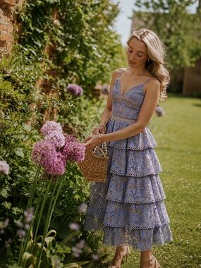 SAU LEE Violet Camellia Lace Tiered Midi Dress